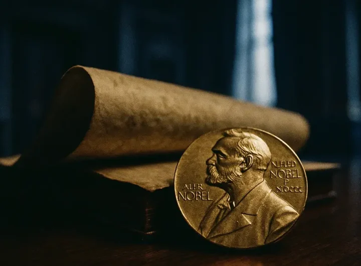 Statuetta del Nobel per la Pace ad Oslo con il Parlamento Norvegese sullo sfondo