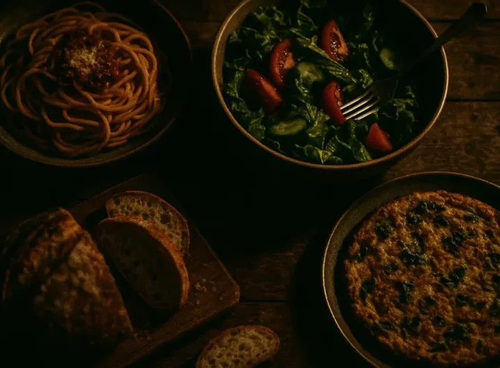 Tavola con piatti casalinghi colorati e semplici ricette per cena