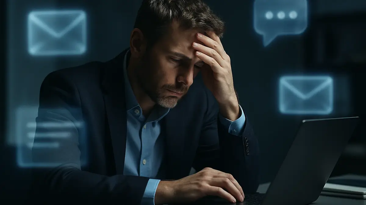 Uomo in ufficio con espressione stanca