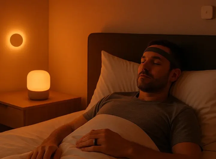 Uomo sdraiato in una camera da letto futuristica e scura