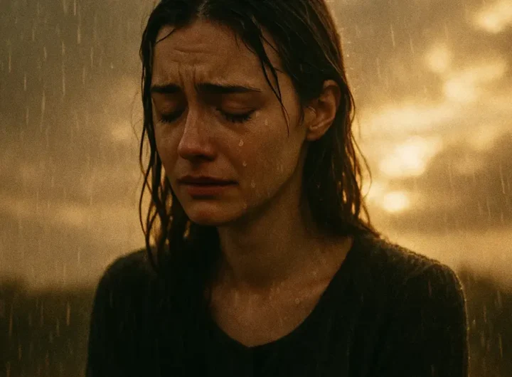 ritratto delicato di una donna che piange sotto la pioggia