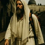 un turista vestito da profeta cammina tra le strade antiche di Gerusalemme