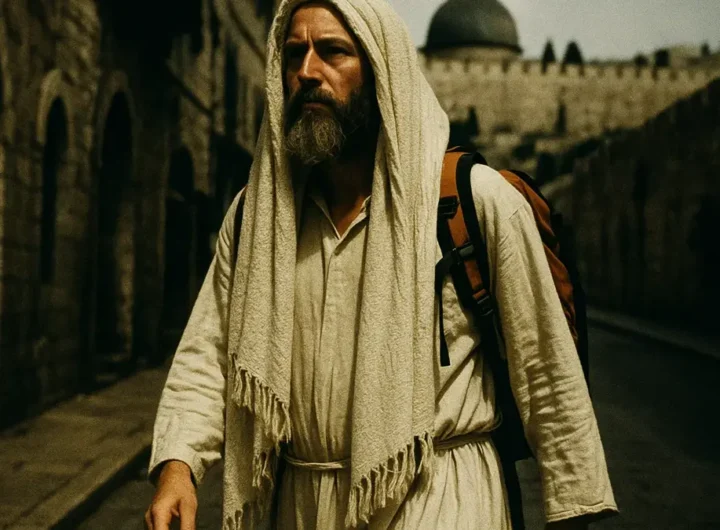 un turista vestito da profeta cammina tra le strade antiche di Gerusalemme