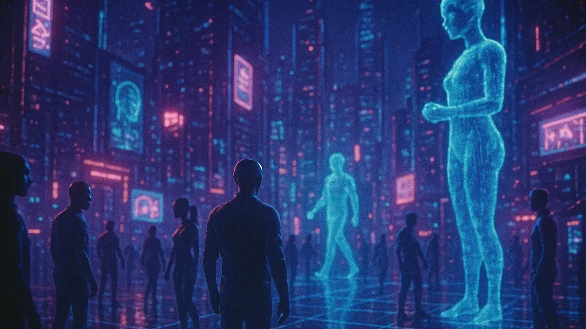 una città virtuale futuristica illuminata da luci blu e viola