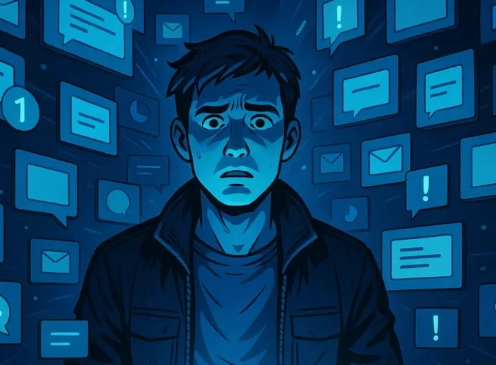 una persona circondata da flussi di notifiche e schermi fluttuanti